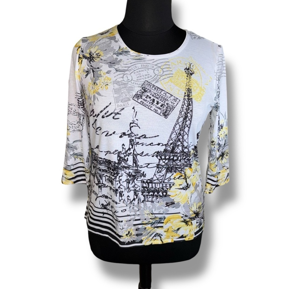 ALLISON DALEY Eiffel Tower & Floral Print 3/4 Sleeve Crew Neck Knit Top - M